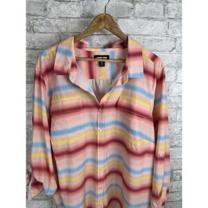 Lands' End 3x 24w-26w Ombre Striped Button Up Shirt Roll Tab Sleeve Pockets